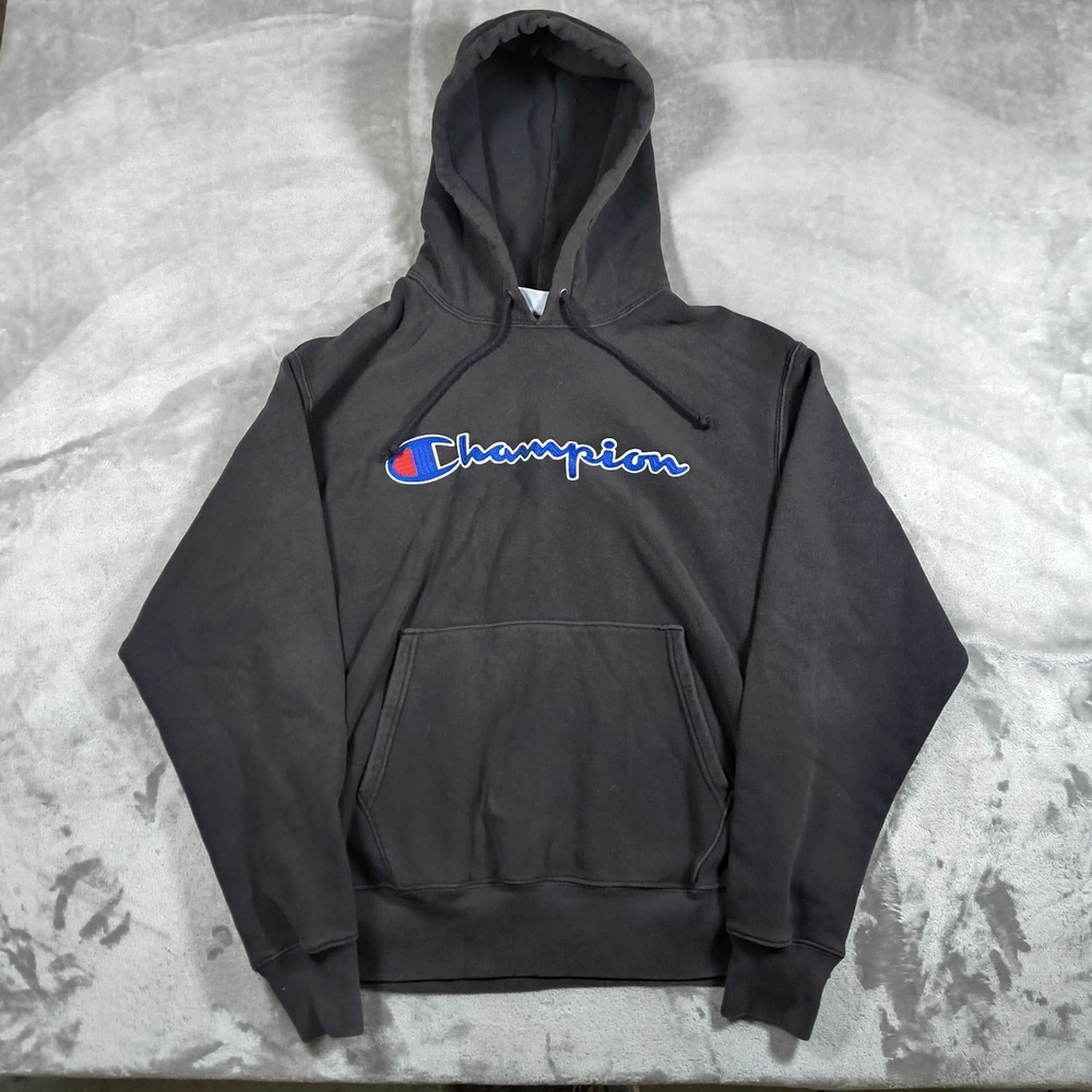 Champion Reverse Weave Hoodie Mens Large Black Pullover Embroidered Spellout